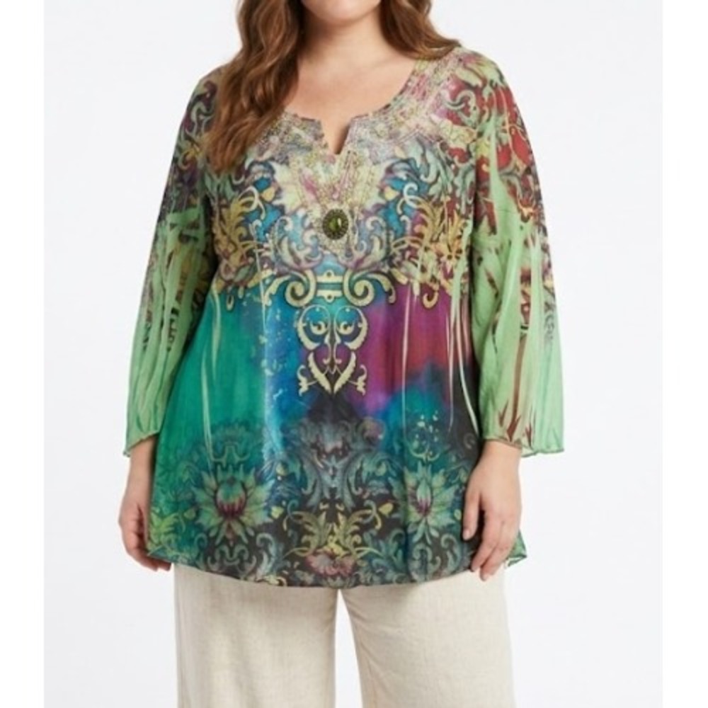 New Directions Tunic size 3X Multi Boho Embellished Floral Gemstone Festival